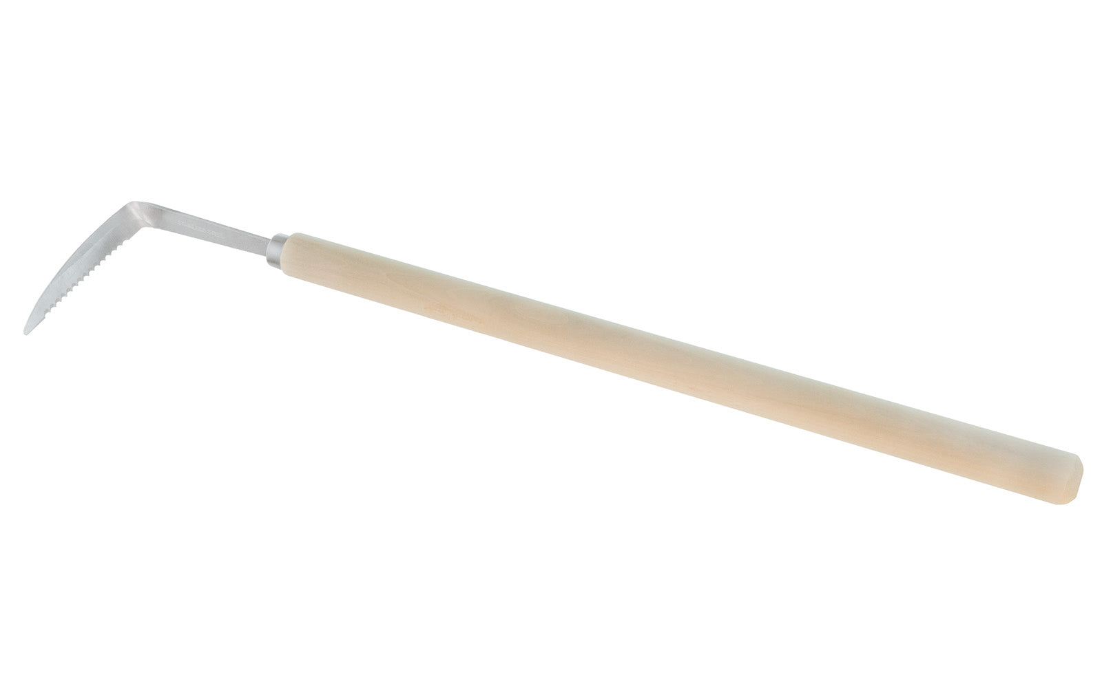 A Japanese Konkon Gama Stainless Steel Serrated Sickle Weeder with long handle. Made of stainless steel, the blade of this weeder is serrated & cuts tough weeds & roots. The blade is slightly curved which will help dig into the soil easily. This slender shaped tip can be used to extricate weeds that grow in gaps in pavement & other surfaces. Asano Weeder.  Made in Japan.