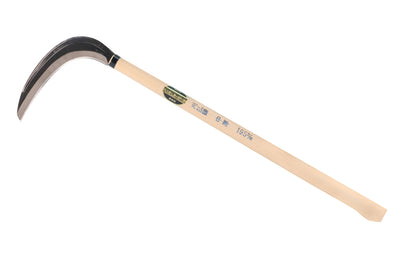 Made in Japan · High quality carbon steel ~ 7" blade length ~ 25" overall length. 195 mm. Long Handle Japanese Weeding Sickle. The blade is very sharp & is slightly curved for effective slicing & cutting. Sickle Weeder will cut through rough grasses, tough weeds, roots, stems with ease. Oni Asano Mokkoh - Sho Co. Ltd.