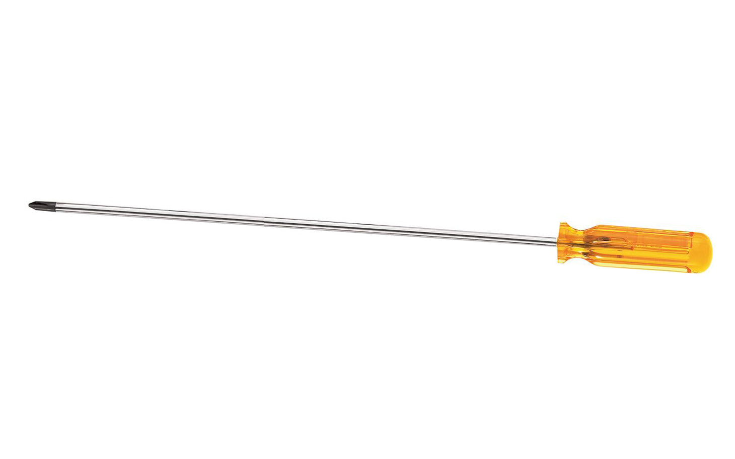 Vaco Profilated #2 Phillips Screwdriver - 20" Blade. Precision-forged & polished blades with black tips. Long Klein Tools Phillips Screwdriver. Tough amber, smooth Comfordome handle. Chrome-plated shaft. Made in USA.