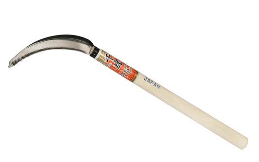 Traditional Japanese Nokogama long handle hand-sickle great for outdoor landscaping needs. Made of high carbon steel, the blade of this weeder is very sharp with aggressive teeth & the blade is slightly curved for fast aggressive cutting. Noko Gama sickle will cut through grasses, tough weeds, sod & turf, roots, stems.
