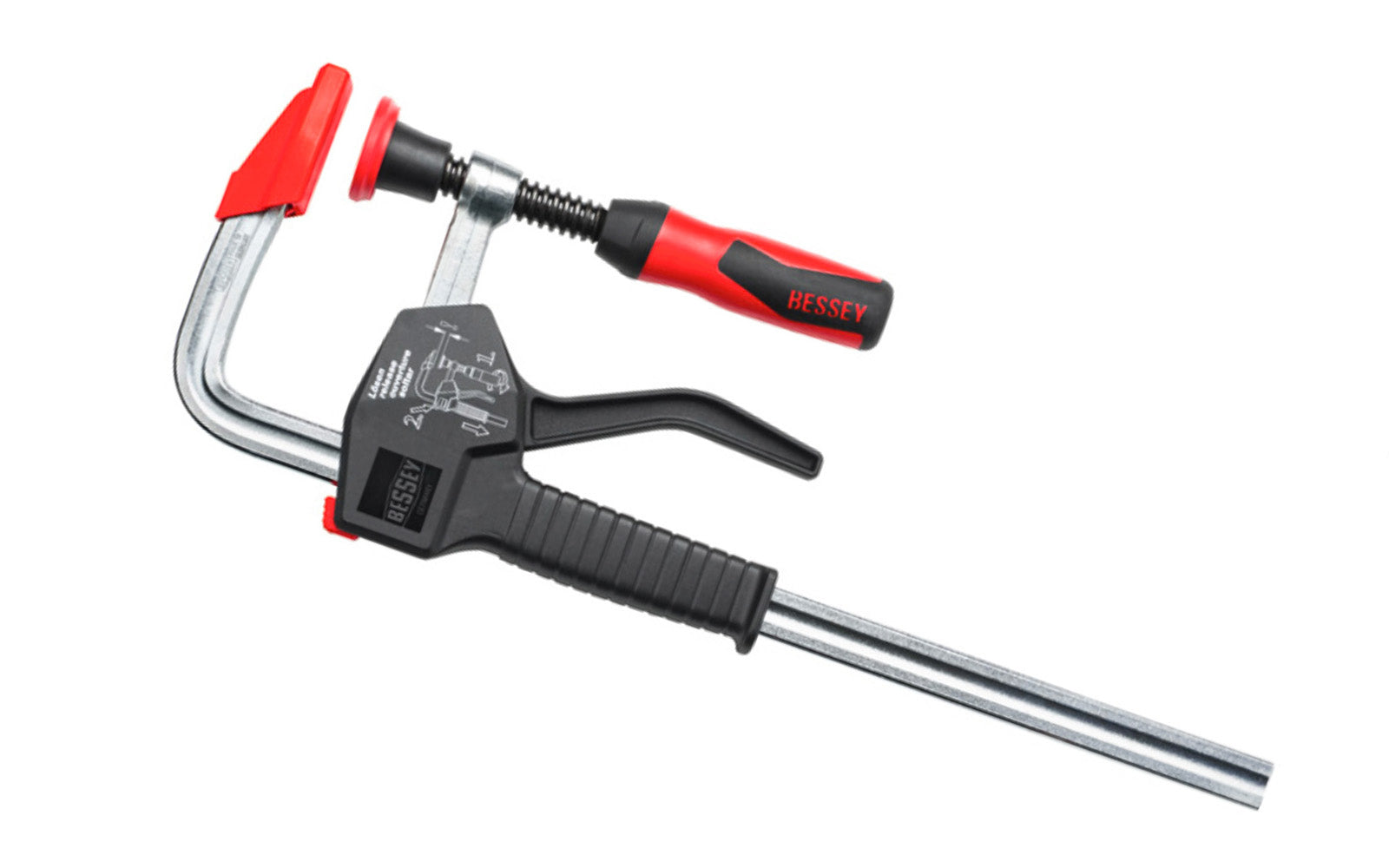 This Bessey 12" HD One-Handed PowerGrip Clamp PG12 is a heavy duty one-handed clamp that is easy to use. To pre-adjust the jaw use the easy slide button to position with just one hand; then squeeze the handle to hold the clamp; and simply turn the handle to apply the full pressure. 12" max opening - 4" throat depth.
