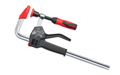 This Bessey 12" HD One-Handed PowerGrip Clamp PG12 is a heavy duty one-handed clamp that is easy to use. To pre-adjust the jaw use the easy slide button to position with just one hand; then squeeze the handle to hold the clamp; and simply turn the handle to apply the full pressure. 12" max opening - 4" throat depth.