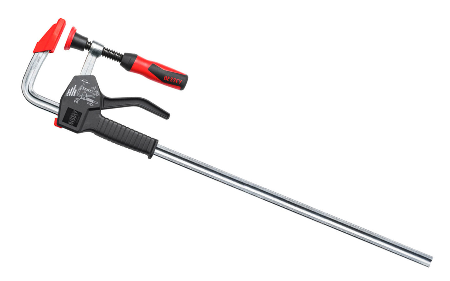 This Bessey 24" HD One-Handed PowerGrip Clamp PG24 is a heavy duty one-handed clamp that is easy to use. To pre-adjust the jaw use the easy slide button to position with just one hand; then squeeze the handle to hold the clamp; and simply turn the handle to apply the full pressure. 24" max opening - 4" throat depth. 091162021026