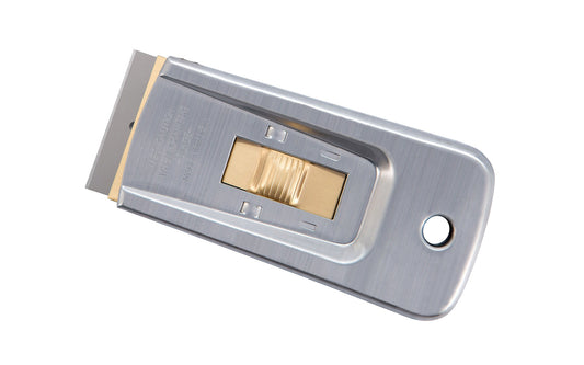 Made in USA. Razor Blade Scraper with one single edge razor blade. Removes paint, glue, putty or adhesives from glass, tile, walls, floors & smooth surfaces. Nizen coating on the scraper body & bronze plated slider ensure smooth functioning when using. Features a safety position that holds blade in scraping position. Model PHC-BUMS410