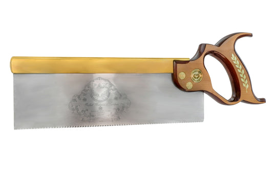 A high quality 12" tenon saw with a crosscut tooth pattern made by Pax Saws. The handle is made of lacquered Beech & has a nice feel in the hand. Solid brass backing & screws. Made in Sheffield, England. Pax Saws - Thomas Flinn & Co. Model No. PT12.