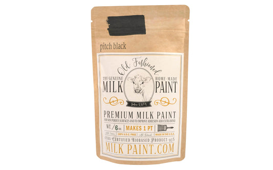 This Milk Paint color is "Pitch Black" - It is a true dark black color. Comes in a powder form, you can control how thick/thin you mix the paint. Use it as you would regular paint, thinner for a wash/stain or thicker to create texture. Environmentally safe, non-toxic & is food safe. 100% VOC free. Powder Paint. Made in USA