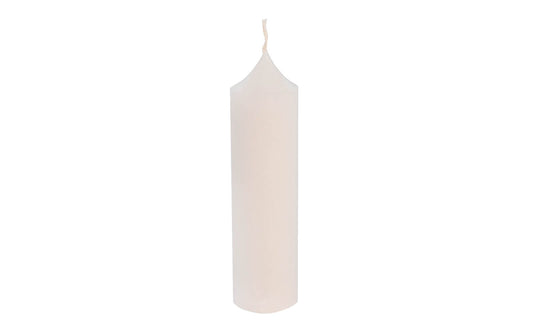 White plumbers candle for patios, hurricane lamps, & more. Will burn for approx. 8 to 10 hours. White color 1-1/4" x 5-3/4". Pillar type candle. Fragrance Free.