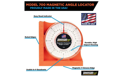 Model No. 700 - Magnetic Protractor & Angle Locator - Extra-strong, ceramic magnet adheres to ferrous metal surfaces - V-Groove edge fits on pipe & conduit - Easy-to-read increments read 0-90° in all four quadrants printed on durable acrylic lens. High-Impact molded body. Inch & metric graduations. Made in USA. 40-0220