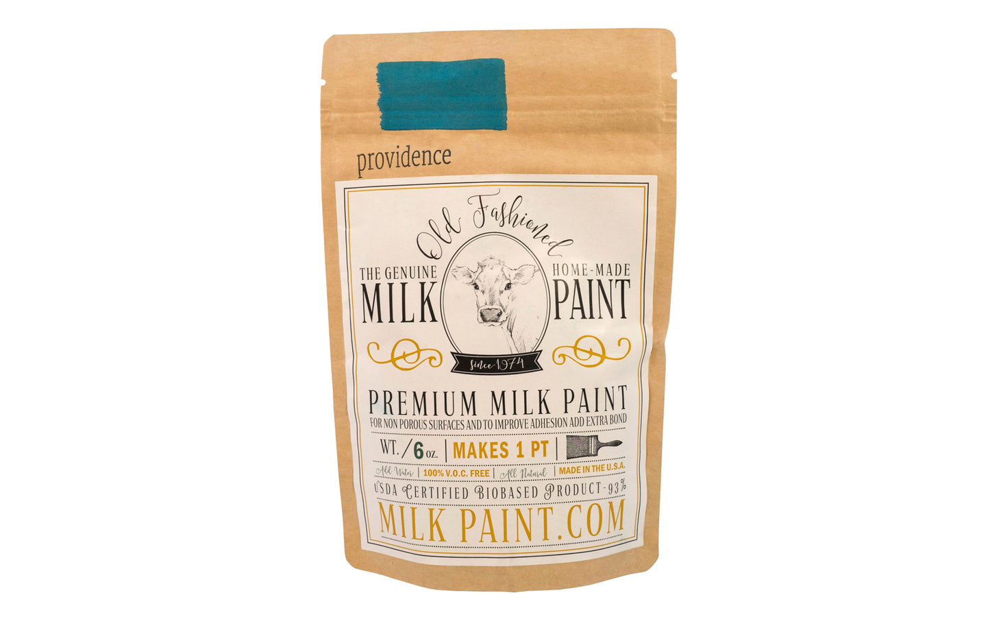 This Milk Paint color is "Providence" - It is a peacock teal blue. Comes in a powder form, you can control how thick/thin you mix the paint. Use it as you would regular paint, thinner for a wash/stain or thicker to create texture. Environmentally safe, non-toxic & is food safe. 100% VOC free. Powder Paint. Made in USA