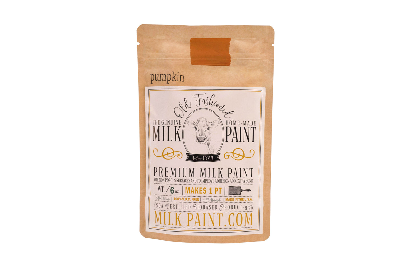 This Milk Paint color is "Pumpkin" color - Rustic orange color with brown undertones. Comes in a powder form, you can control how thick/thin you mix the paint. Use it as you would regular paint, thinner for a wash/stain or thicker to create texture. Environmentally safe, non-toxic & is food safe. 100% VOC free. Powder Paint. Made in USA