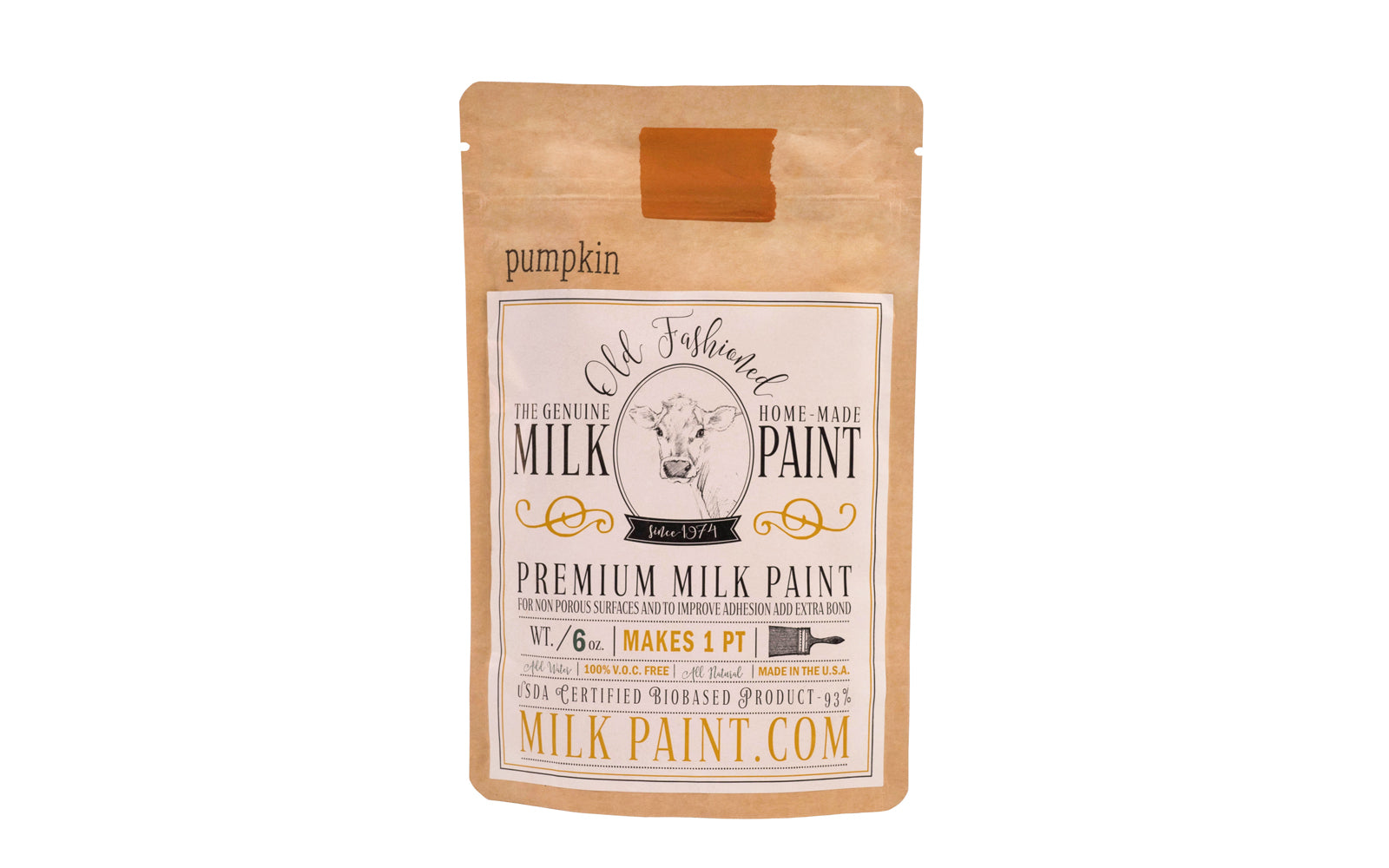 This Milk Paint color is "Pumpkin" color - Rustic orange color with brown undertones. Comes in a powder form, you can control how thick/thin you mix the paint. Use it as you would regular paint, thinner for a wash/stain or thicker to create texture. Environmentally safe, non-toxic & is food safe. 100% VOC free. Powder Paint. Made in USA