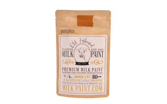 This Milk Paint color is "Pumpkin" color - Rustic orange color with brown undertones. Comes in a powder form, you can control how thick/thin you mix the paint. Use it as you would regular paint, thinner for a wash/stain or thicker to create texture. Environmentally safe, non-toxic & is food safe. 100% VOC free. Powder Paint. Made in USA