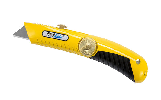 This retractable metal utility knife is a contractor quality knife with a die cast metal body, ergonomic rubber grip & three secure locking blade depths. Integrated hinge design & easy-open dial. 6-1/2" overall length. 073441001127. Model QBR-18 knife. PHC - Pacific Handy Cutter. QBR-18 Retractable Metal Utility Knife