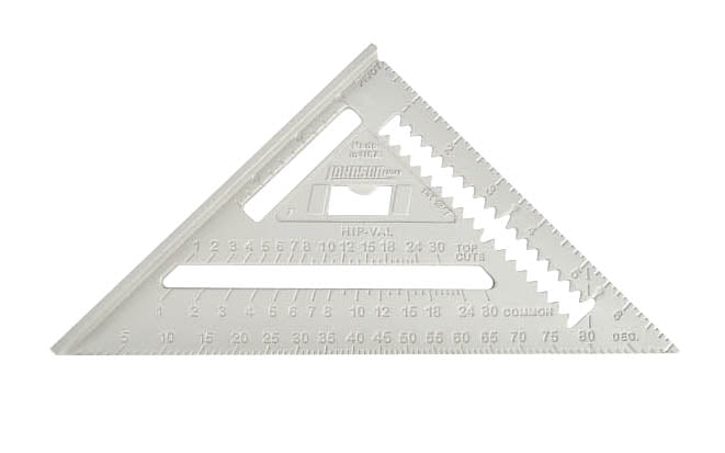 "Johnny Square" by Johnson Level  Model RAS-1B. Solid aluminum body with CNC machined edges for greater accuracy & durability. 2x4 board dimension markers for measuring 1-1/2", 3" & 3-1/2". edge useful as saw guide. Anti-glare protective coating. Bottle opener on rafter square. Johnson rafter square. 049448727995