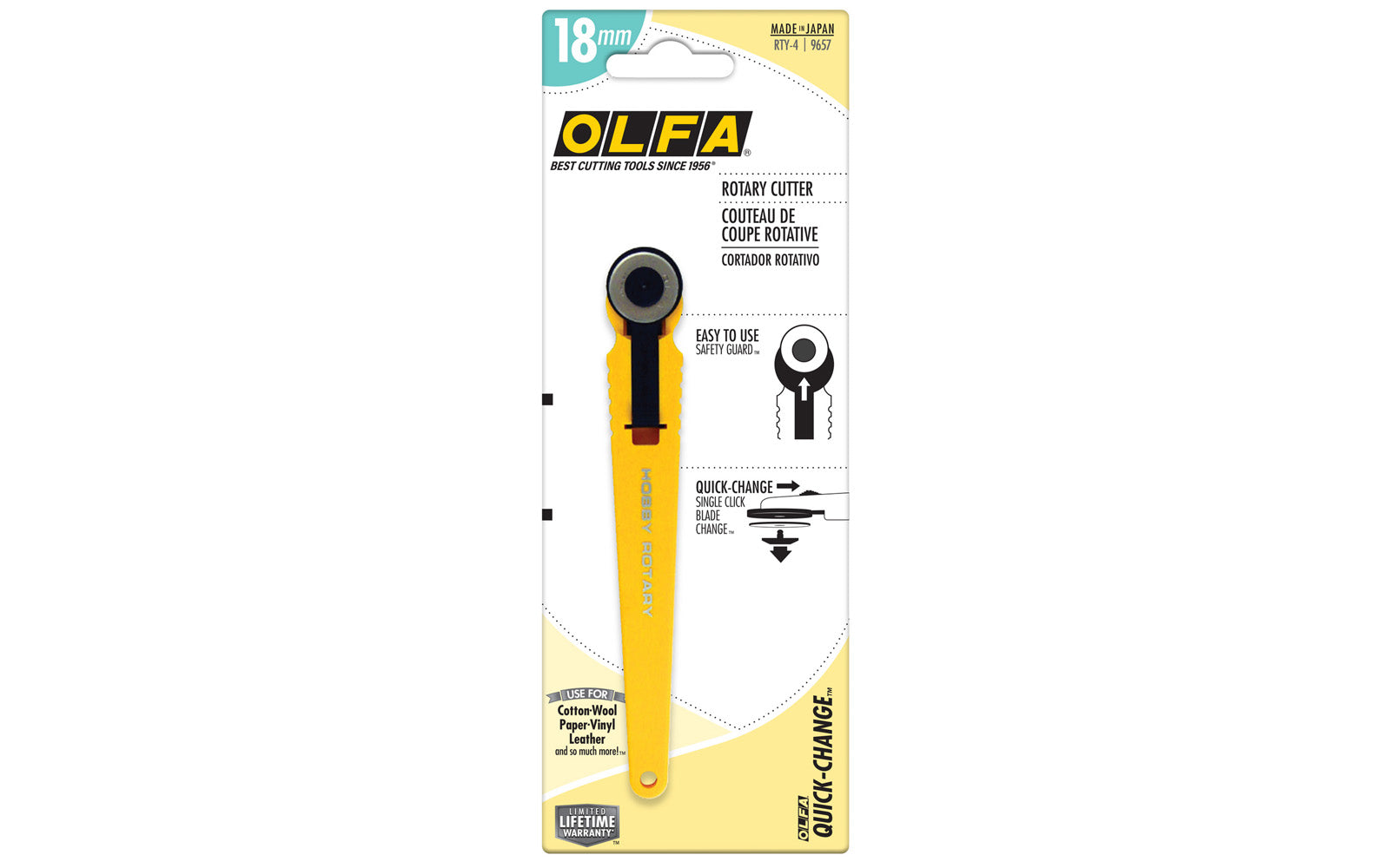 Olfa "RTY-4" Rotary Cutter. 091511600469. Olfa Model RTY-4. 9657. Made in Japan. 18 mm Blade Rotary Cutter - Cuts cloth, paper, film, photographs, & more - Cuts straight or curved lines. Integrated finger grooves. Precision & sharpness navigate tight corners & miniature work. Stainless 18 mm round blade