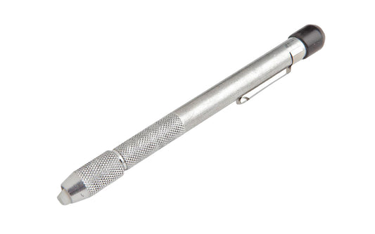 This aluminum soapstone pencil holder holds 1/4" round soapstone pieces & has  an inner sleeve collet to separate the soapstone for maximum grip & protection. Soapstone handle holder has a slim line brass holder with a convenient pocket clip. Easily adjustable. Made by Forney Industries. Model 70807. 032277708075
