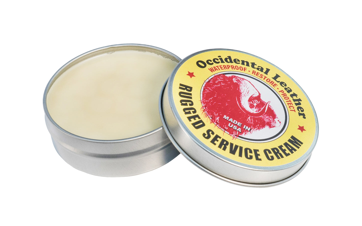 Made in USA - Rugged Service Cream by Occidental Leather coats & penetrates fibers to inhibit oxidation, & maintains a desirable level of lubrication in leather, allowing fibers to bend & move for long life. Cream is chemically neutral, carrying no salts or harsh solvents. Model 3850. Safe on Skin. Beeswax. Natural