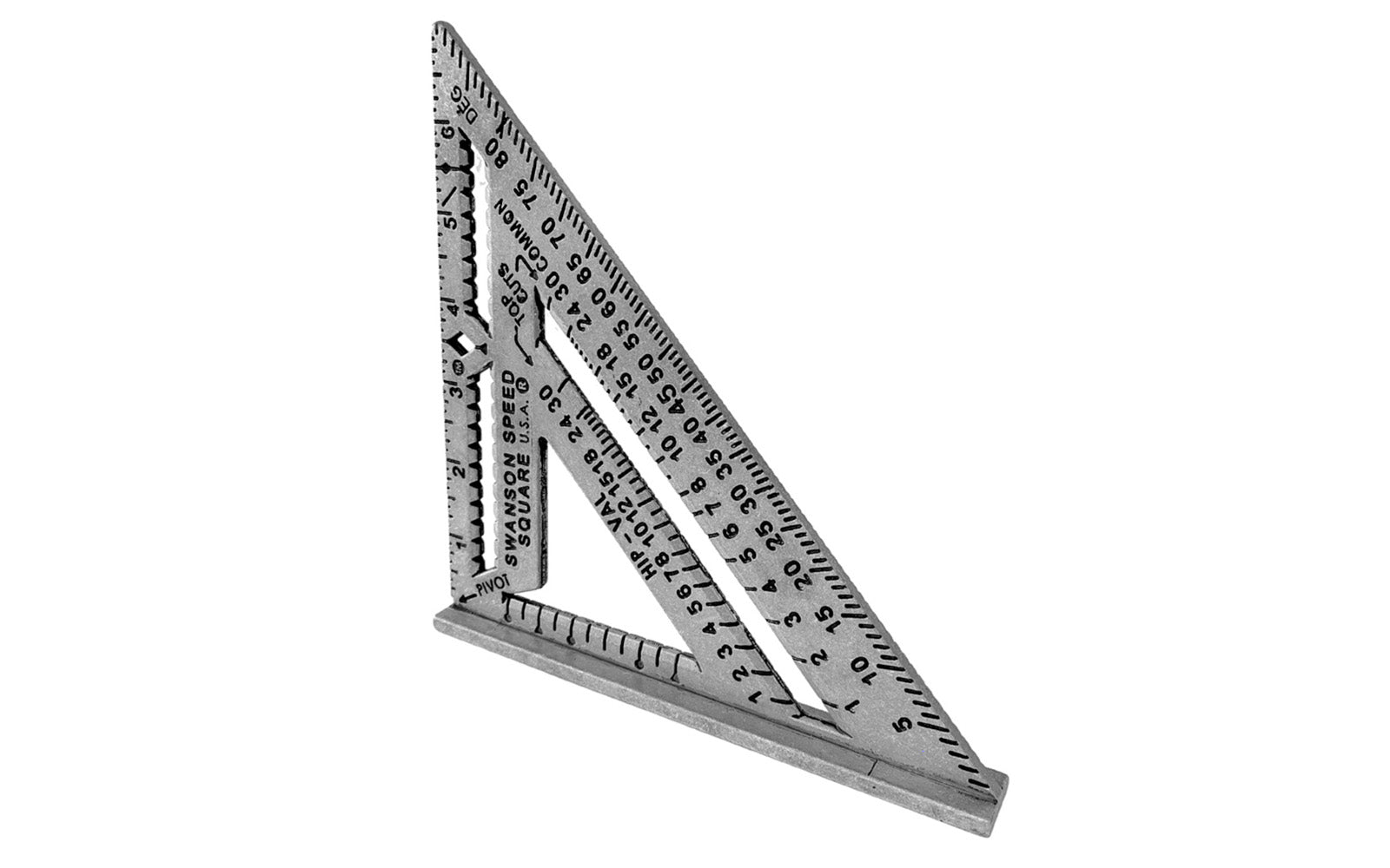 The Swanson 7" Speed Square Pro & 4-1/2" Speed Trim Square. Five tools in one: a try square, a miter square, a protractor, a line scriber, & a saw guide. They are constructed of durable heavy-gauge aluminum alloy & have black engraved markings. Value pack.  Made in USA. Model No. S0100-AS0145. 038987014529