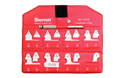 Starrett S167AHZ Radius Gage Set - Unused Display Model. The Starrett S167 Radius Gage Inch Set with Holder features 1/64-17/64" radii range, 64ths increments, and 17 gages. Allows radii or fillets to be checked or laid out easier, faster, and more accurately. Model S167AHZ.  Made in USA.