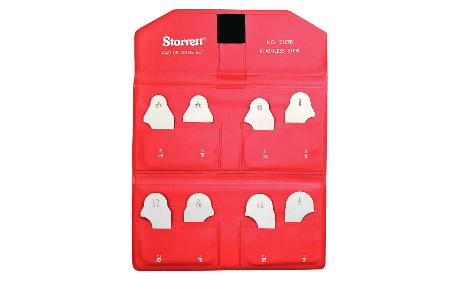 The Starrett S167 Radius Gage Set: 9/32", 5/16", 11/32", 3/8", 13/32", 7/16", 15/32", 1/2" radius size pieces. Allows radii or fillets to be checked or laid out easier, faster, and more accurately. Starrett Model S167BZ.  Made in USA.
