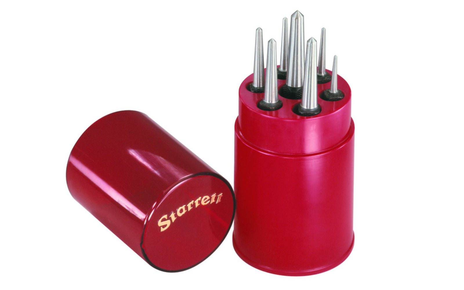 Starrett Center Punch Set - S264WB. Square Shank features square knurled grip & will not roll when laid down. It is hardened & properly tempered. Tips are accurately centered & ground at the proper angle to give maximum service. Sizes included: 1/16", 5/64", 3/32", 1/8", 5/32", 3/16", 1/4". 049659512854. Made in USA.