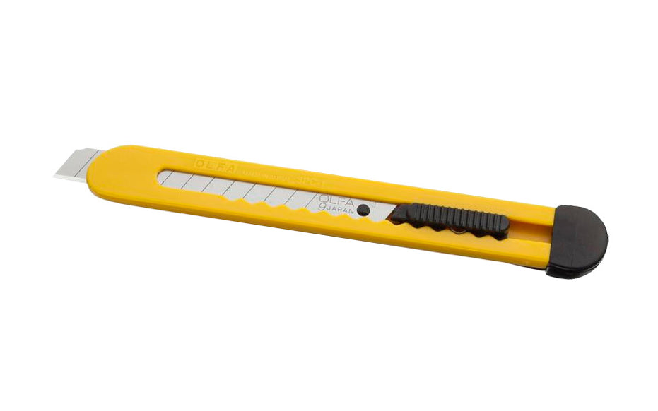 This Basic Olfa Precision Snap-Off Blade Utility Knife delivers a sharp, handy utility knife for value with precision results. Compact break-away knife features a durable ABS handle with auto-lock blade. Pocket clip doubles as a blade snapper. 9 mm wide silver snap blade. Model SPC-1. 091511100280. Made in Japan