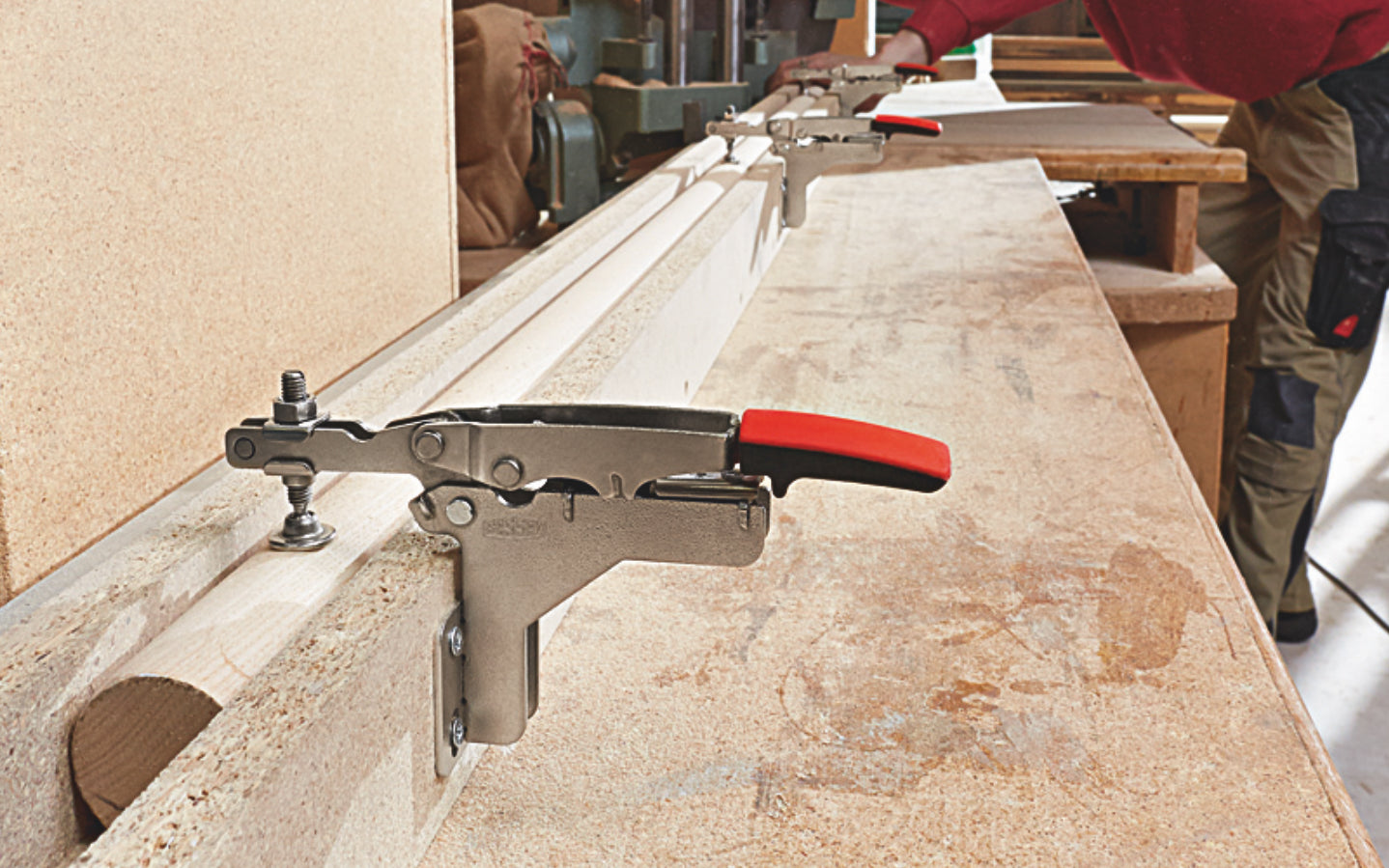 Bessey Auto-Adjust Horizontal Toggle Clamp - STC-HA20. Auto-adjustment -  Self adjusts to variations in workpiece while maintaining clamping force - 3/8" clamping capacity. Adjustable clamping force based on the adjusting screw in the joint (Range of 25 to 250 lbs.). Holding capacity up to 450 lbs (nominal)