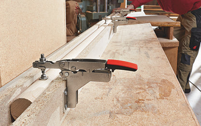 Bessey Auto-Adjust Horizontal Toggle Clamp - STC-HA20. Auto-adjustment -  Self adjusts to variations in workpiece while maintaining clamping force - 3/8" clamping capacity. Adjustable clamping force based on the adjusting screw in the joint (Range of 25 to 250 lbs.). Holding capacity up to 450 lbs (nominal)