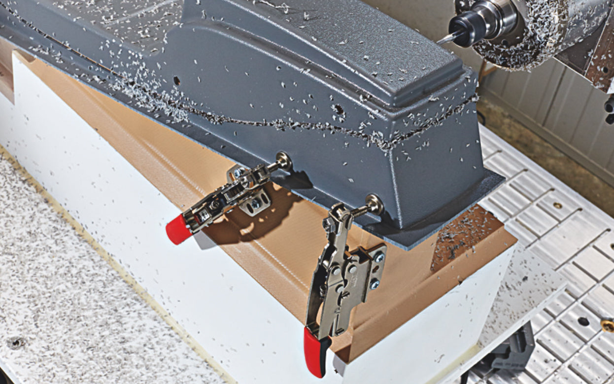 Bessey Auto-Adjust Horizontal Toggle Clamp - STC-HV20. Auto-adjustment -  Self adjusts to variations in workpiece while maintaining clamping force - 3/16" clamping capacity. Adjustable clamping force based on the adjusting screw in the joint (Range of 25 to 250 lbs.). Holding capacity up to 450 lbs (nominal)