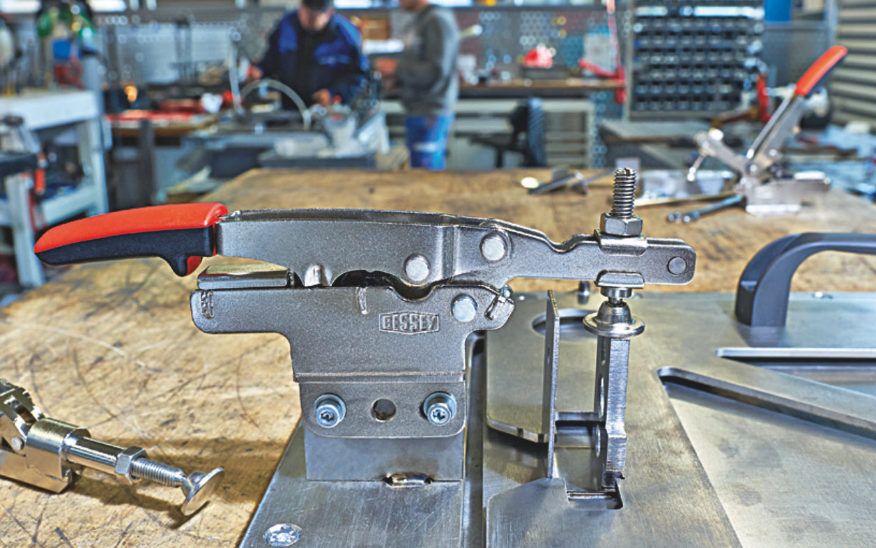 Bessey Auto-Adjust Horizontal Toggle Clamp - STC-HV20. Auto-adjustment -  Self adjusts to variations in workpiece while maintaining clamping force - 3/16" clamping capacity. Adjustable clamping force based on the adjusting screw in the joint (Range of 25 to 250 lbs.). Holding capacity up to 450 lbs (nominal)