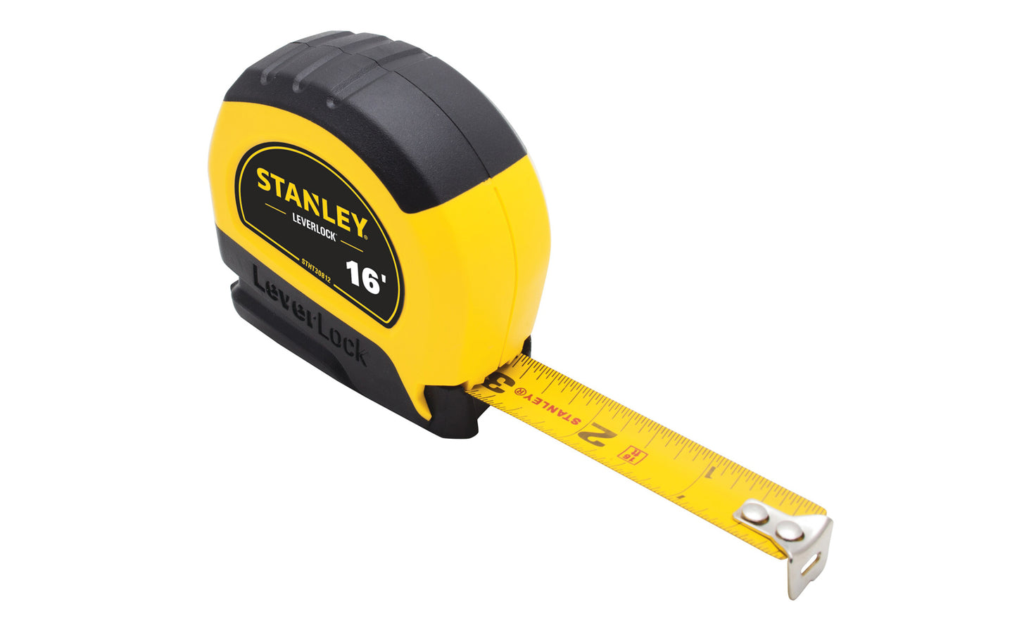 Model STHT30812 · Stanley Tools Leverlock model tape measure - Blade locks automatically. 16' long. 3/4" wide blade - Non-glare blade. Easy to read, comfortable to hold, & built to last, this tape measure is a versatile for all your jobs. The tape measure has a squeeze bottom lever to retract the blade. 076174308129