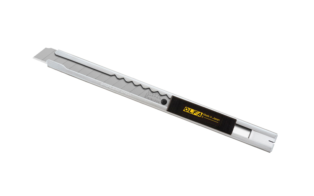 The Olfa "SVR-1" Stainless Utility Knife with 9 mm (3/8") wide blade is a precision snap-off knife. Slim design - Stainless steel body - rust resistant. Tool-free blade change. Pocket clip / blade snapper. Includes Olfa's premium AB-S stainless steel snap-off blade. 091511600032. Olfa Model SVR-1. Made in Japan
