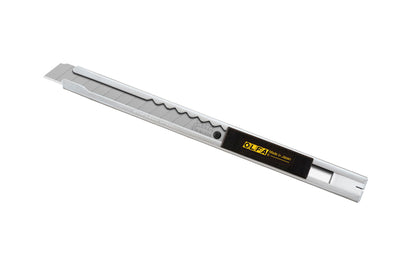 The Olfa "SVR-1" Stainless Utility Knife with 9 mm (3/8") wide blade is a precision snap-off knife. Slim design - Stainless steel body - rust resistant. Tool-free blade change. Pocket clip / blade snapper. Includes Olfa's premium AB-S stainless steel snap-off blade. 091511600032. Olfa Model SVR-1. Made in Japan