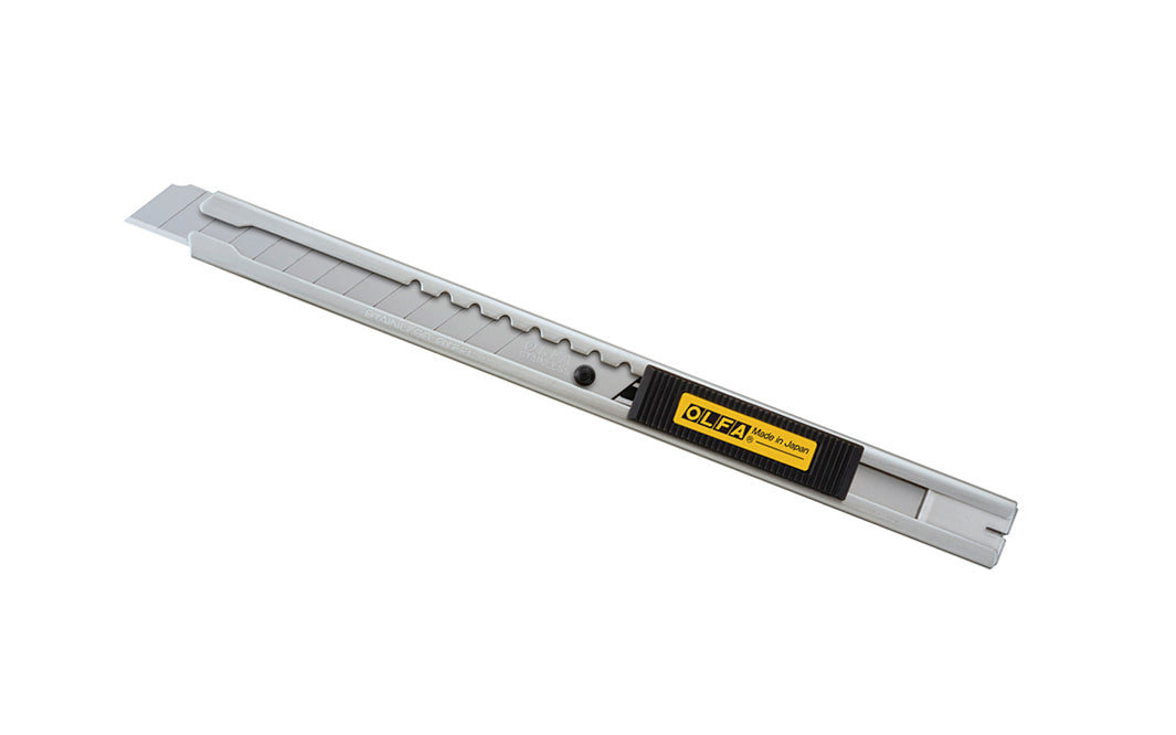 The Olfa "SVR-2" Stainless Auto-Lock Utility Knife - 9 mm (3/8") Blade is a precision snap-off knife. Slim design - Stainless steel body - rust resistant. Tool-free blade change. Pocket clip / blade snapper. Includes Olfa's premium AB-S stainless steel snap-off blade. 091511600407. Olfa Model SVR-2. Made in Japan