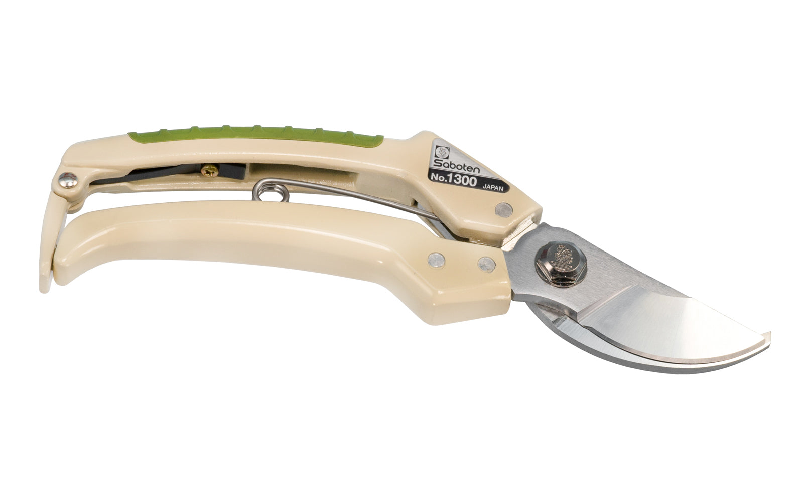  Spring-loaded Japanese Saboten pruners are good quality pruning shears that makes very nice smooth cuts. The blades have hard chrome plated steel & is great multi-purpose hand pruner great for garden tasks such as trimming, pruning, thinning, & general purpose cutting. Made in Japan. Model 1300. 3/4" cutting diameter