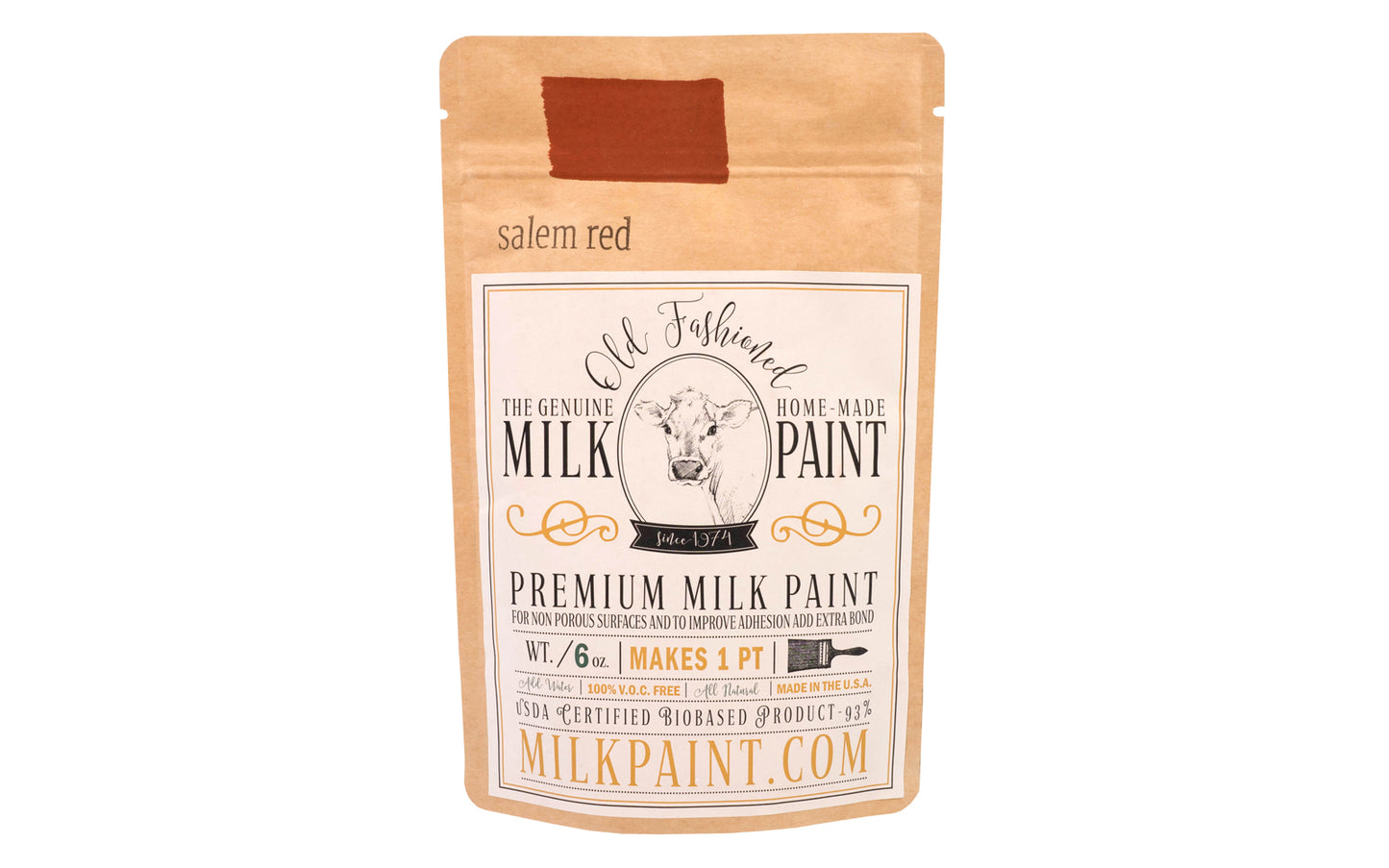 This Milk Paint color is "Salem Red" - It is a dark red with brown and orange undertones. Comes in a powder form, you can control how thick/thin you mix the paint. Use it as you would regular paint, thinner for a wash/stain or thicker to create texture. Environmentally safe, non-toxic & is food safe. 100% VOC free. Powder Paint. Made in USA