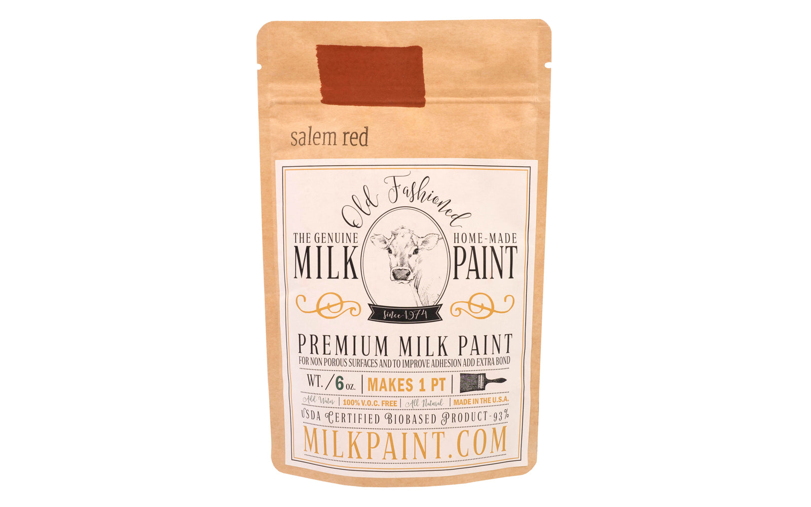This Milk Paint color is "Salem Red" - It is a dark red with brown and orange undertones. Comes in a powder form, you can control how thick/thin you mix the paint. Use it as you would regular paint, thinner for a wash/stain or thicker to create texture. Environmentally safe, non-toxic & is food safe. 100% VOC free. Powder Paint. Made in USA