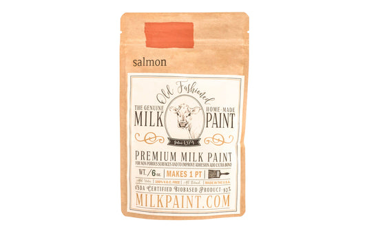 This Milk Paint color is "Salmon" - Subdued terra cotta color. Comes in a powder form, you can control how thick/thin you mix the paint. Use it as you would regular paint, thinner for a wash/stain or thicker to create texture. Environmentally safe, non-toxic & is food safe. 100% VOC free. Powder Paint. Made in USA