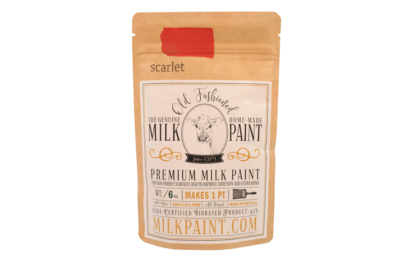 This Milk Paint color is "Scarlet" color - It is a bright true red color. Comes in a powder form, you can control how thick/thin you mix the paint. Use it as you would regular paint, thinner for a wash/stain or thicker to create texture. Environmentally safe, non-toxic & is food safe. 100% VOC free. Powder Paint. Made in USA