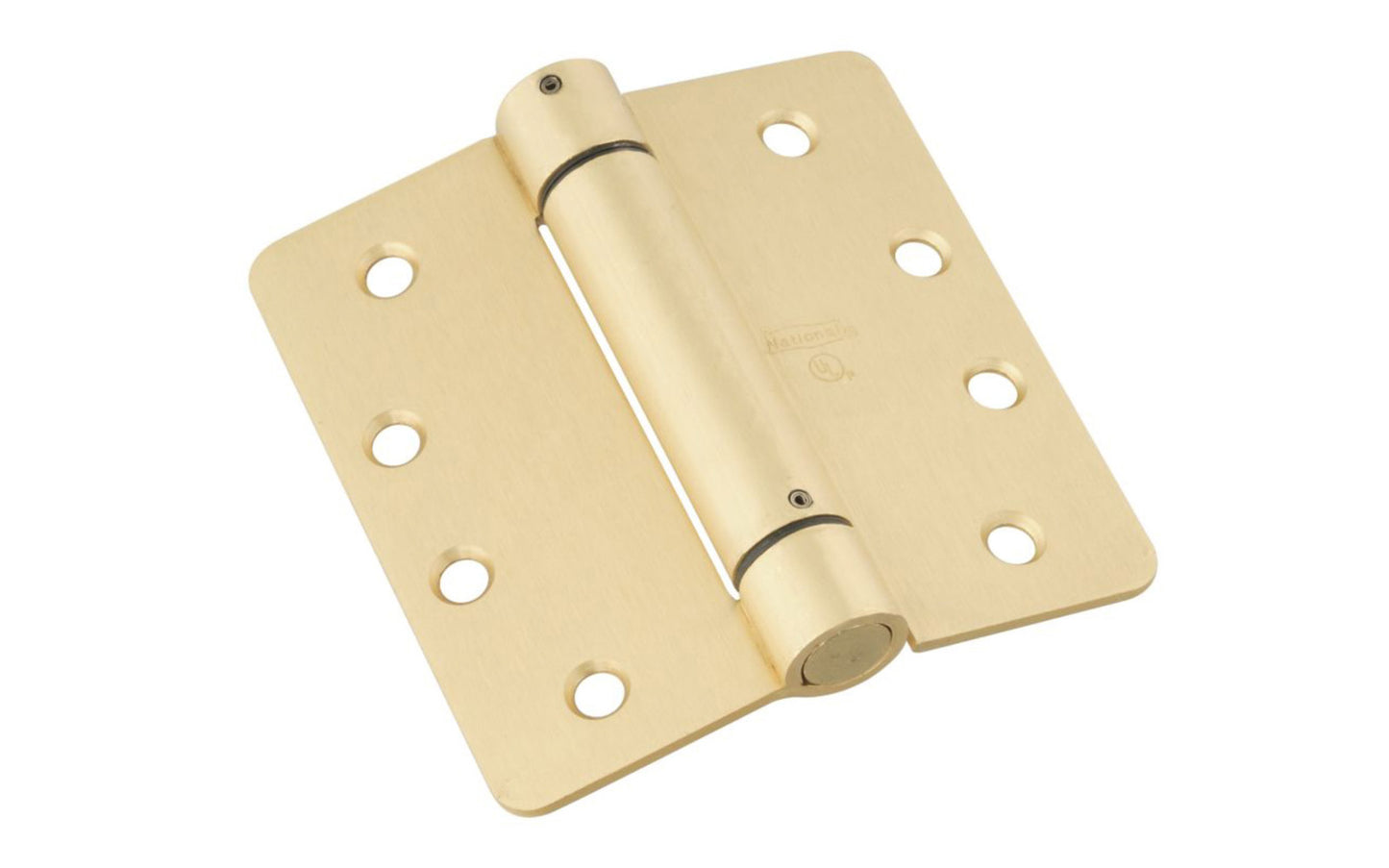 This 4" Satin Brass Finish Spring Hinge is designed for hanging self-closing doors in basements, stairways, garages, & entrances, etc. Can be used in residential, commercial, & apartment buildings. Hinge is UL approved for fire doors. Closing speed is adjustable. Fits standard hinge cutout. 1/4" radius, round corner automatic door-closing spring hinge. Sold as a single hinge in pack.  National Hardware Model No. N185-207.