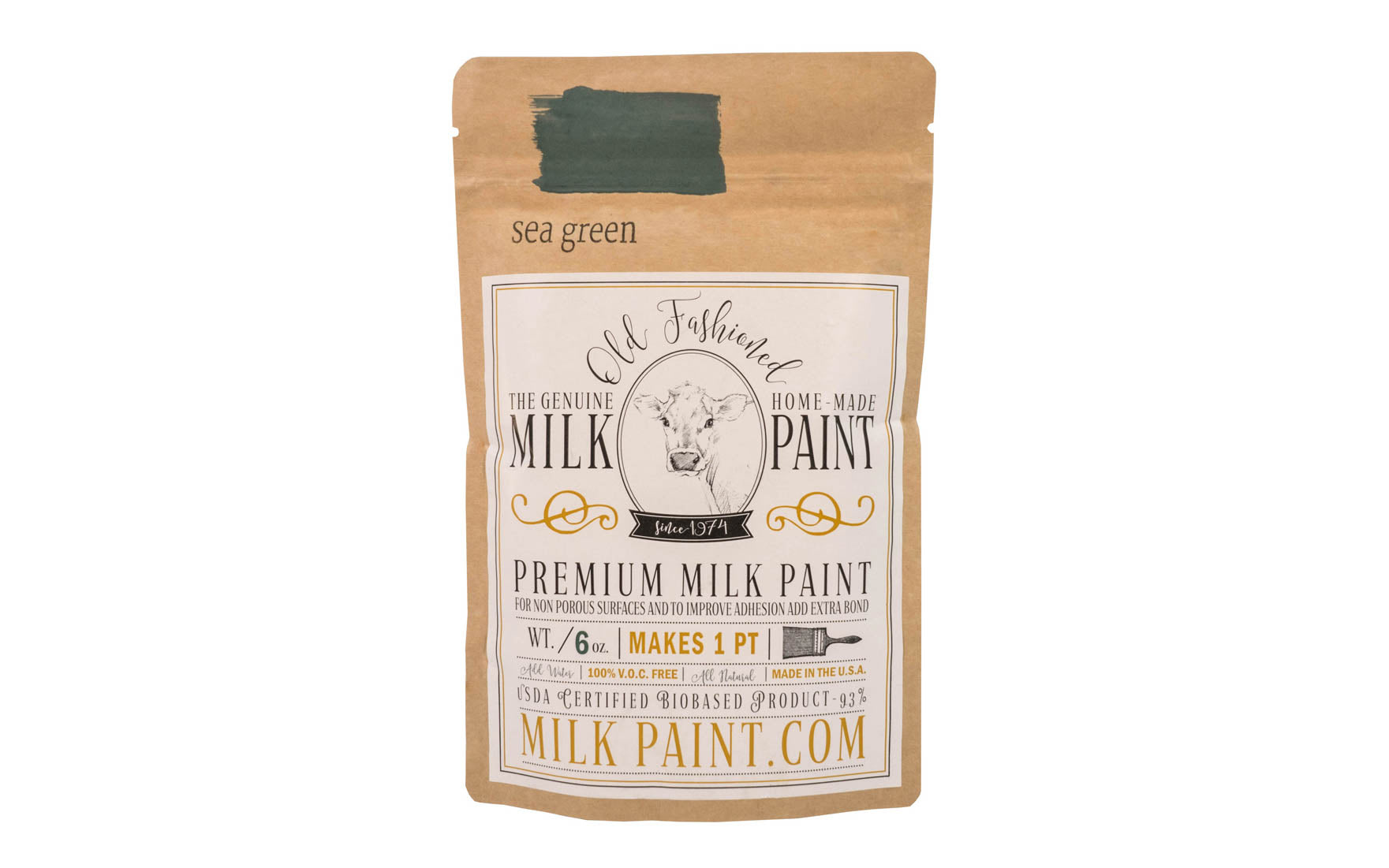 This Milk Paint color is "Sea Green" - Blue/green tone. Comes in a powder form, you can control how thick/thin you mix the paint. Use it as you would regular paint, thinner for a wash/stain or thicker to create texture. Environmentally safe, non-toxic & is food safe. 100% VOC free. Powder Paint. Made in USA