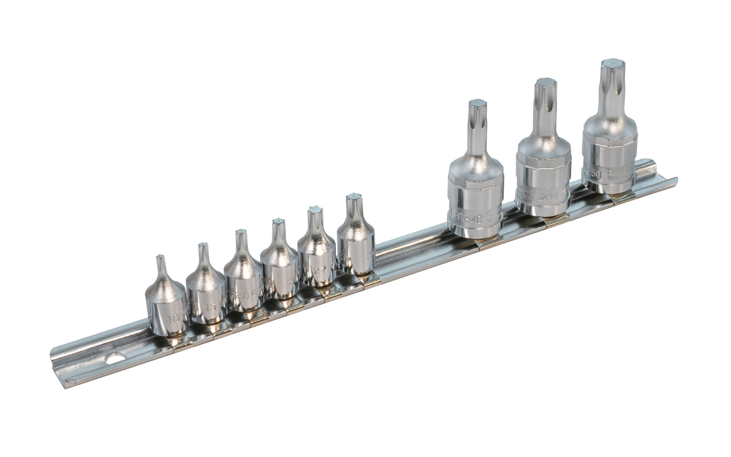 This Japanese 9-PC Torx Bit Socket Set ~ 1/4" & 3/8" Drive is made of chrome vanadium steel, fully hardened & tempered HRC: 58-60. 1/4" drive socket sizes:  T10,  T15,  T20,  T25,  T27.  3/8" drive socket sizes: T40,  T45,  T50.  Includes metal rail organizer.   Made in Japan. 1/4 DR Torx Sockets. 3/8 DR Torx Sockets