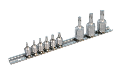 This Japanese 9-PC Torx Bit Socket Set ~ 1/4" & 3/8" Drive is made of chrome vanadium steel, fully hardened & tempered HRC: 58-60. 1/4" drive socket sizes:  T10,  T15,  T20,  T25,  T27.  3/8" drive socket sizes: T40,  T45,  T50.  Includes metal rail organizer.   Made in Japan. 1/4 DR Torx Sockets. 3/8 DR Torx Sockets