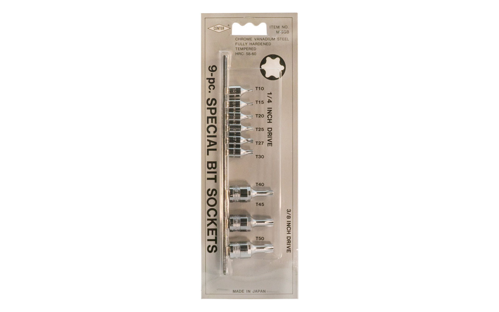 This Japanese 9-PC Torx Bit Socket Set ~ 1/4" & 3/8" Drive is made of chrome vanadium steel, fully hardened & tempered HRC: 58-60. 1/4" drive socket sizes:  T10,  T15,  T20,  T25,  T27.  3/8" drive socket sizes: T40,  T45,  T50.  Includes metal rail organizer.   Made in Japan. 1/4 DR Torx Sockets. 3/8 DR Torx Sockets