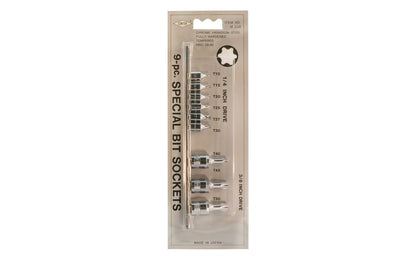This Japanese 9-PC Torx Bit Socket Set ~ 1/4" & 3/8" Drive is made of chrome vanadium steel, fully hardened & tempered HRC: 58-60. 1/4" drive socket sizes:  T10,  T15,  T20,  T25,  T27.  3/8" drive socket sizes: T40,  T45,  T50.  Includes metal rail organizer.   Made in Japan. 1/4 DR Torx Sockets. 3/8 DR Torx Sockets