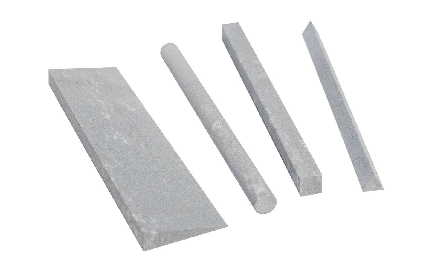 Made in USA · 4" Long Sharpening Stone ~ Model F4C ~ Hard Arkansas Stone ~ Super-fine stone that is satisfactory for the final edge ~ Use mineral oil when sharpening ~ For final edge on woodworking cutting tools & knives - Slip Stone - File Stone - 4-piece set - Knife Shape, Round, Square, Triangle - Dan's Whetstone Co - Four Piece Set