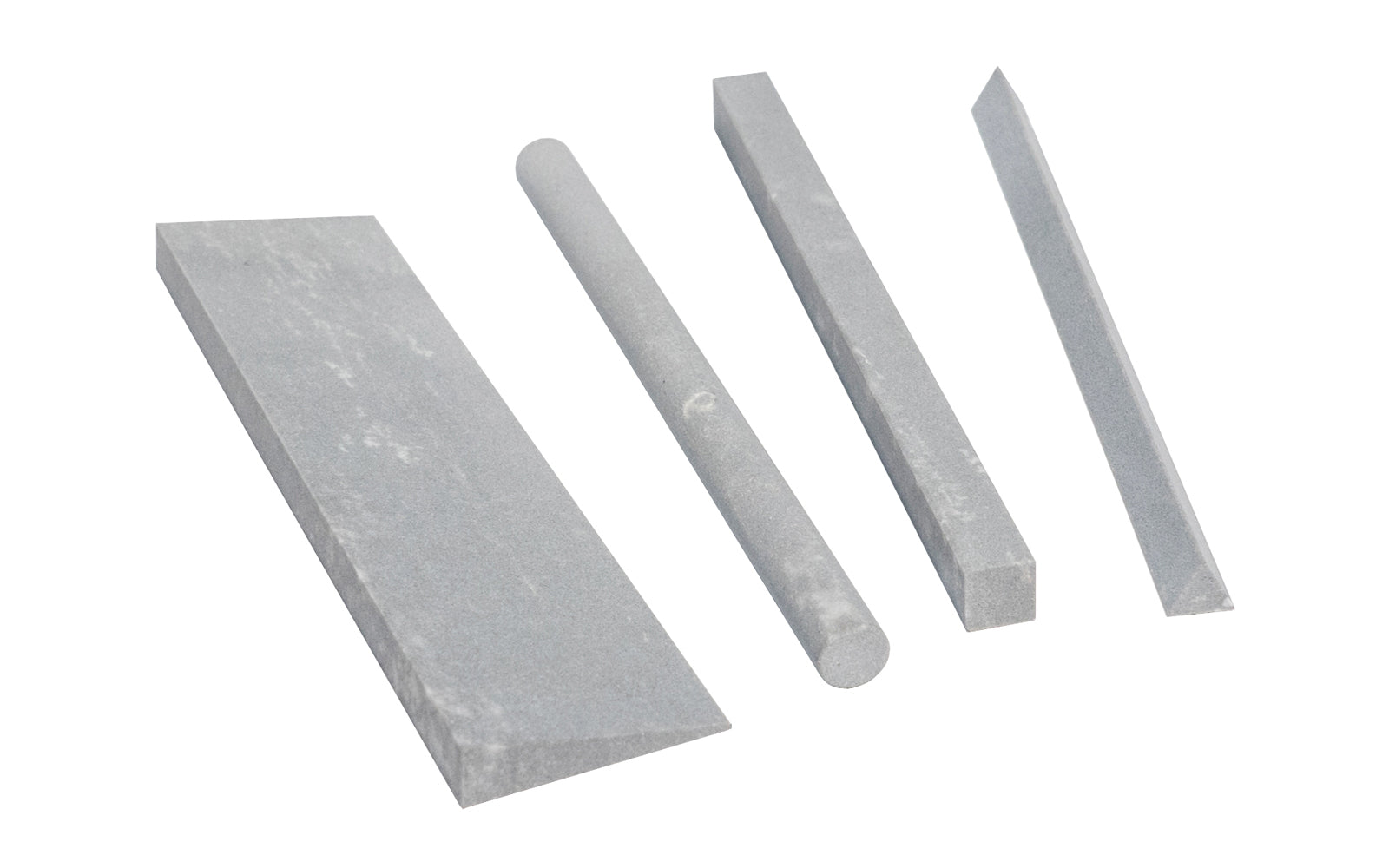 Made in USA · 4" Long Sharpening Stone ~ Model F4C ~ Hard Arkansas Stone ~ Super-fine stone that is satisfactory for the final edge ~ Use mineral oil when sharpening ~ For final edge on woodworking cutting tools & knives - Slip Stone - File Stone - 4-piece set - Knife Shape, Round, Square, Triangle - Dan's Whetstone Co - Four Piece Set