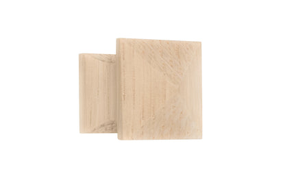 A classic wood pyramid cabinet knob of solid oak material. This good-looking wooden knob has a slight pyramid design & square edges. Designed in the Mission-style / Arts & Crafts, Craftsman style of hardware. Unfinished solid oak wood. May be stained, painted, or varnished. 3/4" size knob