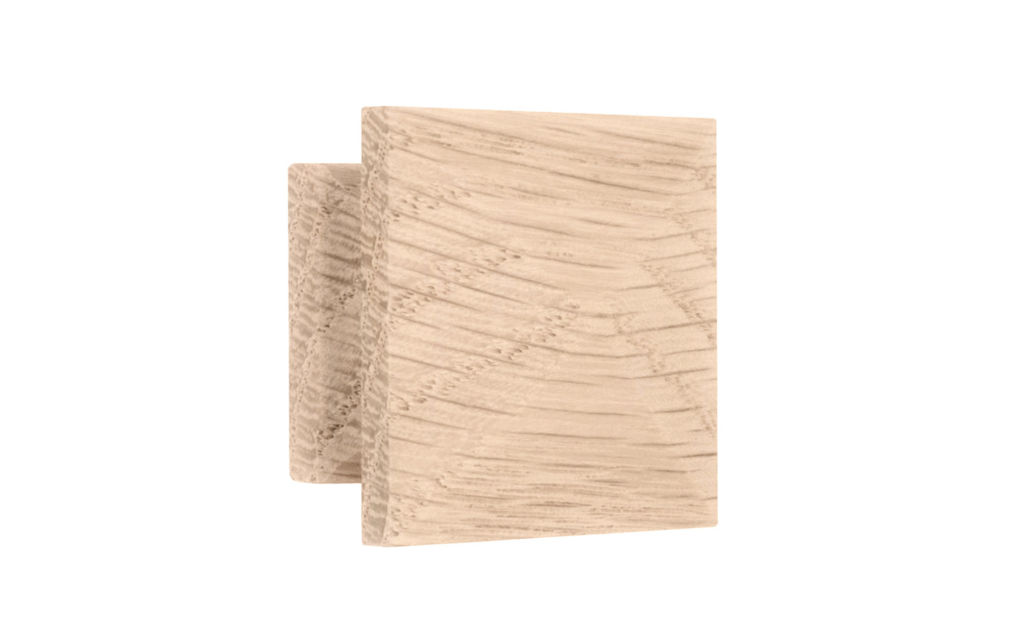 A classic wood pyramid cabinet knob of solid oak material. This good-looking wooden knob has a slight pyramid design & square edges. Designed in the Mission-style / Arts & Crafts, Craftsman style of hardware. Unfinished solid oak wood. May be stained, painted, or varnished. 1-1/4" size knob