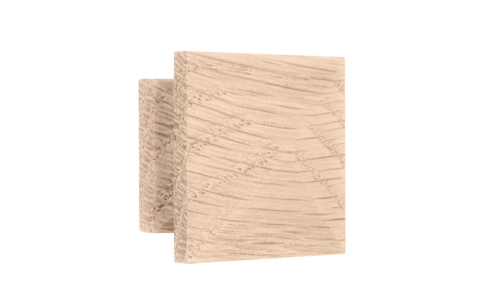 A classic wood pyramid cabinet knob of solid oak material. This good-looking wooden knob has a slight pyramid design & square edges. Designed in the Mission-style / Arts & Crafts, Craftsman style of hardware. Unfinished solid oak wood. May be stained, painted, or varnished. 1-1/4" size knob